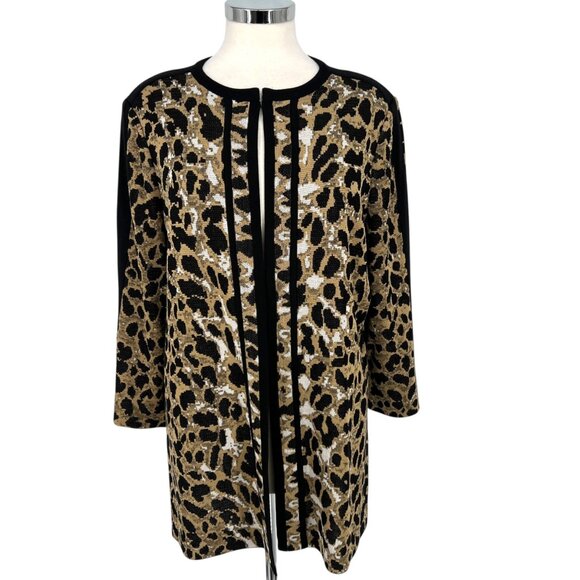 Misook Animal Leopard Print Cardigan Knit Jacket Black Tan Size Large - Picture 1 of 13